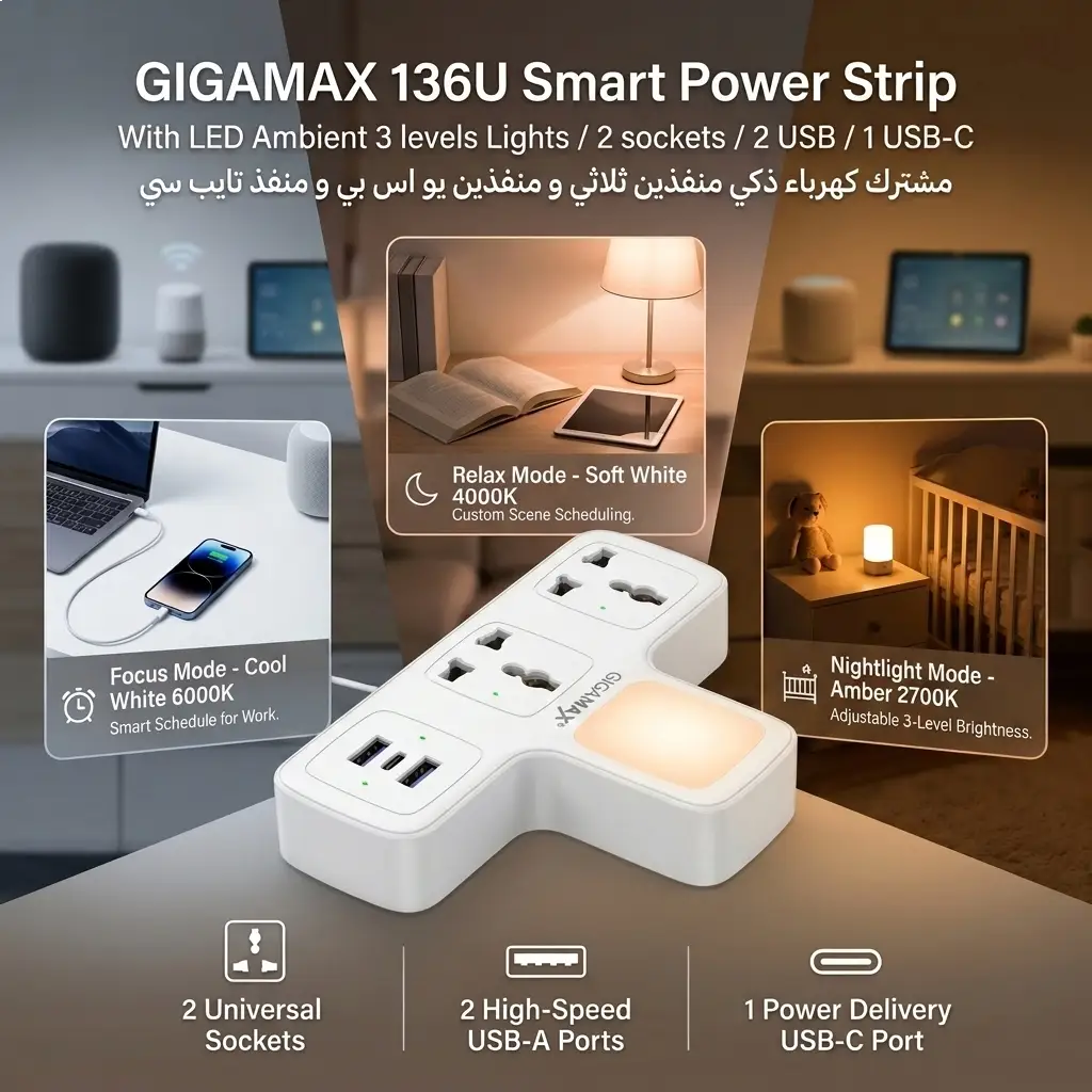 GIGAMAX 136U Smart Power Strip With LED Ambient 3 levels Lights / 2 sockets / 2 USB 1 / USB-C مشترك كهرباء ذكي منفذين ثلاثي و منفذين يو اس بي و منفذ تايب سي 4 اشترِ مشترك GIGAMAX MTS-G136U الذكي بمصر. منفذين كهرباء، 3 منافذ شحن (USB + Type-C)، وإضاءة ليلية LED بـ 3 مستويات. أمان كامل بأفضل سعر!