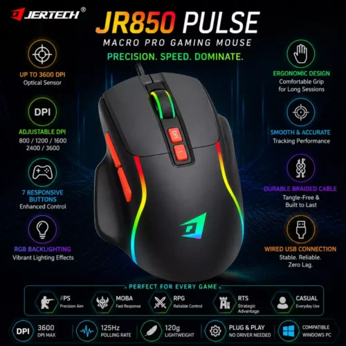 اشترِ ماوس الألعاب Jertech JR850 Pulse RGB بمصر. حساس 4800 DPI، و7 أزرار تحكم، وتصميم ارجونوميك مريح بأفضل سعر. اضمن دقة التصويب وسرعة الحركة!