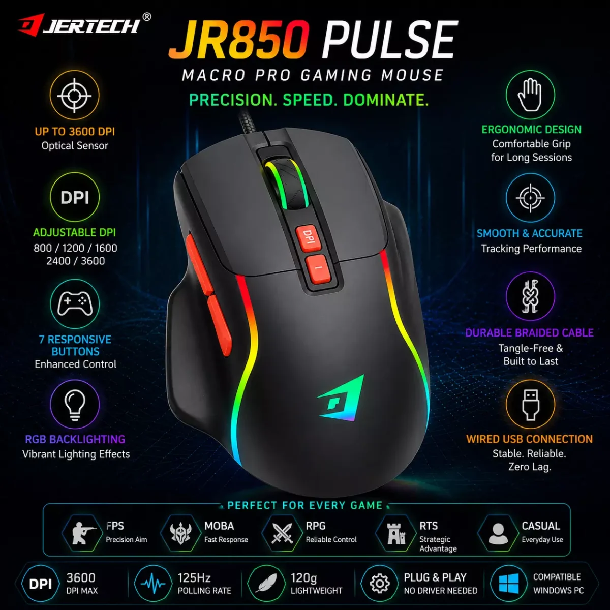 JERTECH JR850 PULSE RGB USB Wired Gaming Mouse 7 Buttons Adjustable 4800 DPI Black ماوس جيمنج ٤٨٠٠ دي بي آي و ٧ أزرار 2 اشترِ ماوس الألعاب Jertech JR850 Pulse RGB بمصر. حساس 4800 DPI، و7 أزرار تحكم، وتصميم ارجونوميك مريح بأفضل سعر. اضمن دقة التصويب وسرعة الحركة!