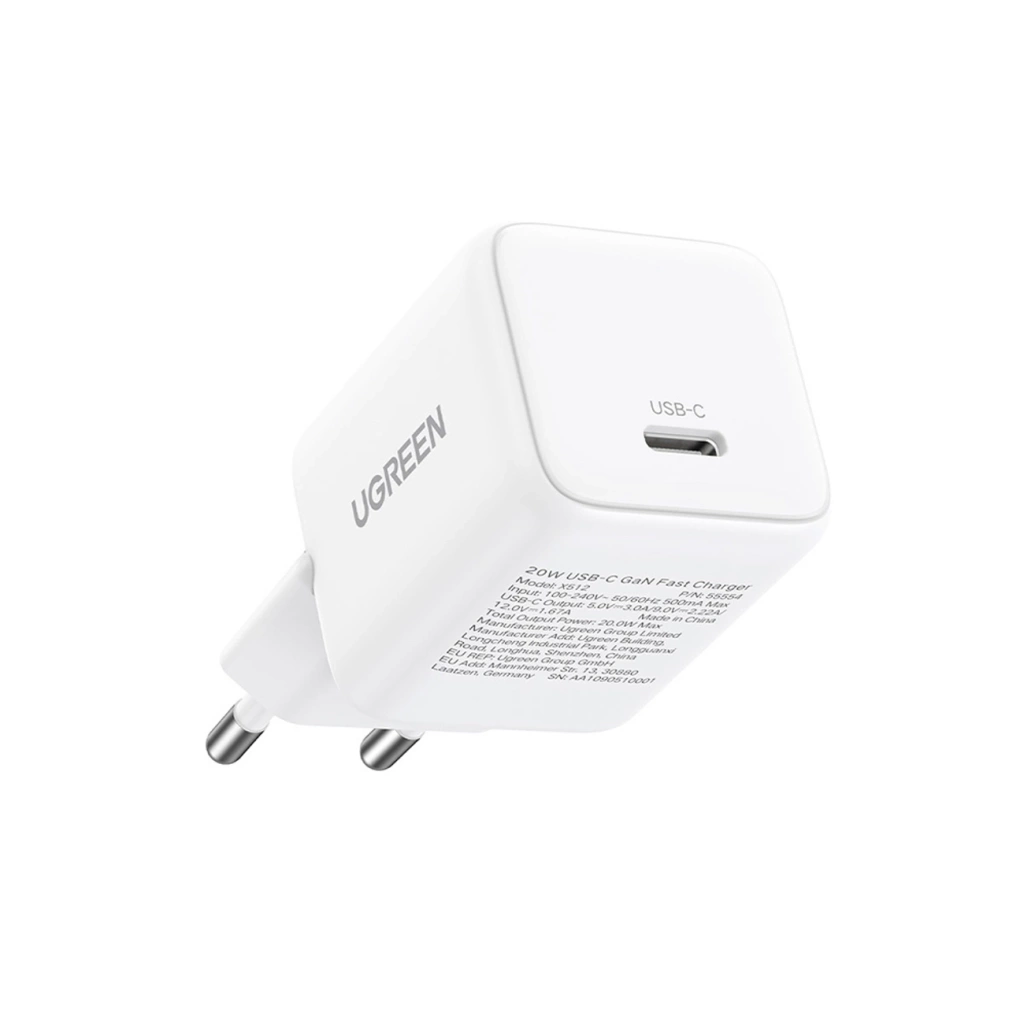 UGREEN X512 Charger USB-C GaN Fast 20W white شاحن بتقنية gan بقوة ٢٠ واط 4 اشترِ شاحن يوجرين UGREEN X512 GaN بقوة 20 واط بمصر. شاحن تايب سي مدمج مع كابل 1 متر لحماية بطارية الآيفون والأندرويد بأفضل سعر.
