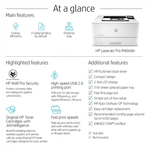 اشترِ طابعة استيراد HP LaserJet Pro M404dn بمصر. طابعة ليزر أسود خارقة السرعة (38 ورقة/دقيقة) مع طباعة أوتوماتيكية على الوجهين بأفضل سعر. شحن سريع!