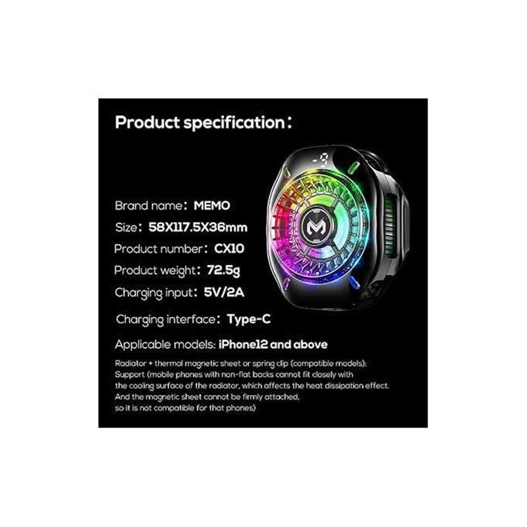 MEMO CX19 Mobile Cooling Fan RGB Digital Display Frozen Phone Cooler مبرد موبايل بمروحة ذات تبريد جليدي بإضاءة مميزه و تثبيت مغناطيسي و تعليق 10 اشتري مبرد هواتف MEMO CX19 بقدرة تبريد جليدية أشباه موصلات وشاشة حرارة وإضاءة RGB وتثبيت مغناطيسي + كليب. أفضل مبرد للجيمينج بسعر ممتاز وتوصيل سريع في مصر.