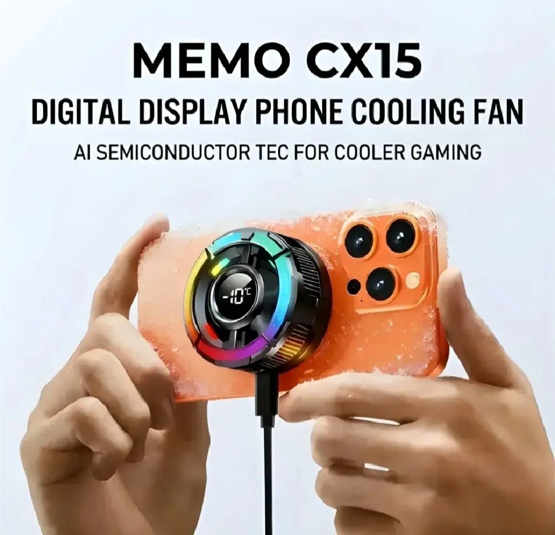 MEMO CX15 Digital Display Mobile Cooling Fan RGB Magnetic Phone Cooler مبرد موبايل بشاشة عرض درجة الحرارة لتحسين اداء الموبايل 1 اشتري مبرد هواتف MEMO CX15 بشاشة عرض الحرارة وتبريد TEC أشباه الموصلات قدرة 10W. أفضل مبرد للجيمينج ضد الحرارة وسقوط الفريمات بسعر مميز وتوصيل سريع في مصر.