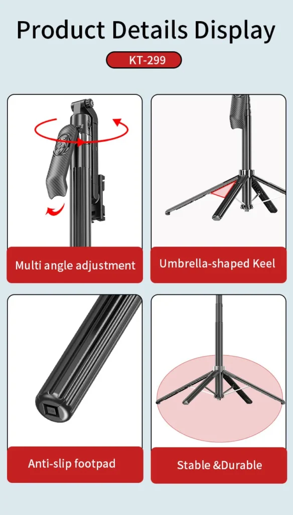 اشترِ تريبود Jmary KT-299 بمصر. تتبع ذكي للوجه AI، طول 1.8 متر، ريموت بلوتوث، سيلفي ستيك وهيكل ألمنيوم وخفيف بأفضل سعر من KCS Store.