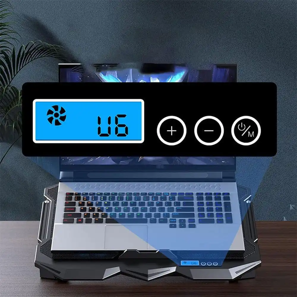 ST Standard ICE-04 Plus LED Super Cooling Custom Gaming Design LCD Display & Quick Control Cooling Pad قاعدة تبريد لابتوب بشاشة لعرض سرعة المراوح و أزرار تحكم فالسرعة 6 اشترِ ST Standard ICE-04 Plus بمصر. قاعدة تبريد لابتوب جيمينج بشاشة LCD، تحكم بالسرعات، 7 مستويات إمالة، وإضاءة LED بأفضل سعر من KCS Store.