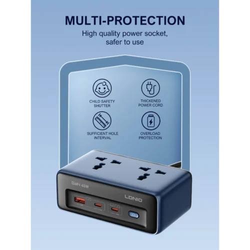 اشترِ مشترك LDNIO SC1 شاحن GaN 45W بمصر. 2 مقبس AC و3 منافذ USB/C وشاشة رقمية ليد لمراقبة الطاقة، وسعة 2500W بأفضل سعر من KCS Store.