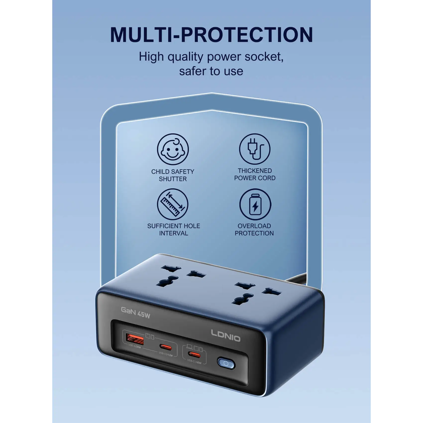 LDNIO SC1 Desktop Power Strip Adapter 45W Universal Socket مشترك كهرباء يدعم تايب سي و يو اس بي بتصميم عمودي وشاشة رقمية ليد لمراقبة الجهد واستهلاك الطاقة لحظياً قدرة خرج ٢٥٠٠ واط 7 اشترِ مشترك LDNIO SC1 شاحن GaN 45W بمصر. 2 مقبس AC و3 منافذ USB/C وشاشة رقمية ليد لمراقبة الطاقة، وسعة 2500W بأفضل سعر من KCS Store.