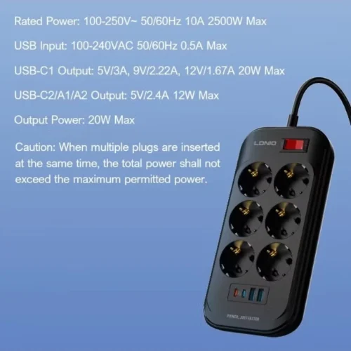 اشترِ مشترك LDNIO SE6403C بـ 6 منافذ EU و4 منافذ USB منهم شحن سريع Type-C 20W. حماية من كسر التيار وقدرة 2500W بأفضل سعر من KCS Store.