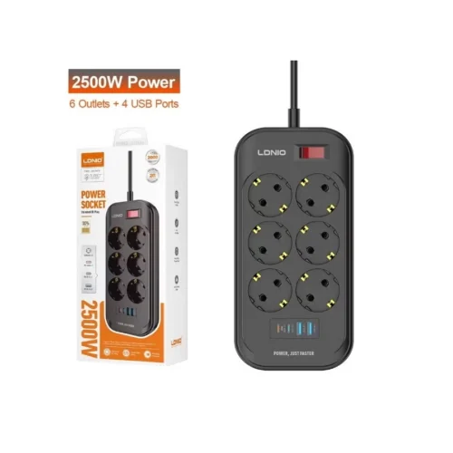 اشترِ مشترك LDNIO SE6403C بـ 6 منافذ EU و4 منافذ USB منهم شحن سريع Type-C 20W. حماية من كسر التيار وقدرة 2500W بأفضل سعر من KCS Store.