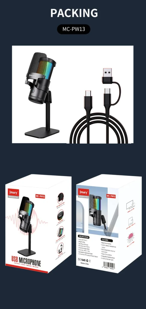 اشترِ مايكروفون Jmary MC-PW13 بمصر. مايك USB بـ عزل ضوضاء، نمط Cardioid، إضاءة RGB، وزيرو لاج Zero Latency للبث والألعاب بأفضل سعر من KCS Store.