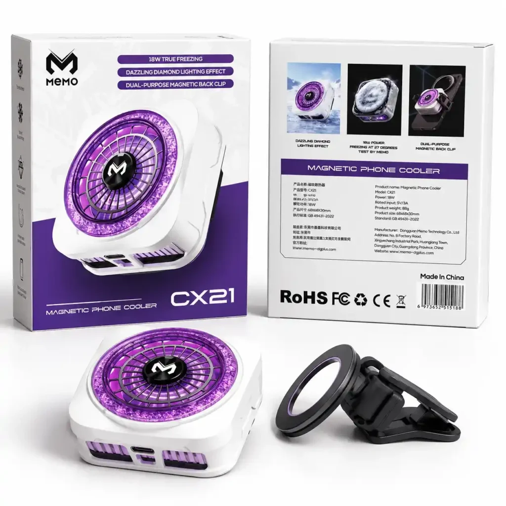 اشتري مبرد هواتف MEMO CX21 بقدرة 18W وتدفق هواء ثنائي وتثبيت مغناطيسي مزدوج. أفضل مبرد للجيمينج ضد الحرارة وسقوط الفريمات بسعر ممتاز في مصر.