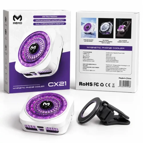 اشتري مبرد هواتف MEMO CX21 بقدرة 18W وتدفق هواء ثنائي وتثبيت مغناطيسي مزدوج. أفضل مبرد للجيمينج ضد الحرارة وسقوط الفريمات بسعر ممتاز في مصر.
