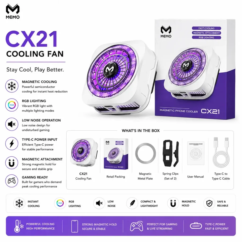 اشتري مبرد هواتف MEMO CX21 بقدرة 18W وتدفق هواء ثنائي وتثبيت مغناطيسي مزدوج. أفضل مبرد للجيمينج ضد الحرارة وسقوط الفريمات بسعر ممتاز في مصر.