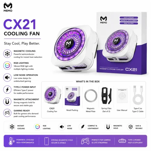 اشتري مبرد هواتف MEMO CX21 بقدرة 18W وتدفق هواء ثنائي وتثبيت مغناطيسي مزدوج. أفضل مبرد للجيمينج ضد الحرارة وسقوط الفريمات بسعر ممتاز في مصر.