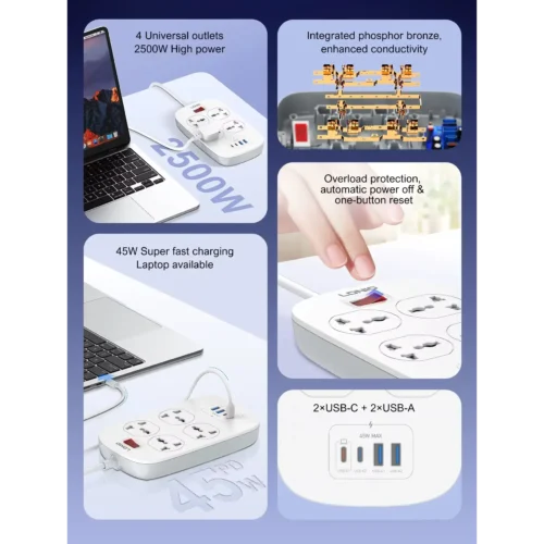 اشترِ مشترك LDNIO SC4407C بـ 4 منافذ كهرباء و4 منافذ USB منهم 2 Type-C بقدرة 45W. كابل 2 متر وخامات مقاومة للحريق بأفضل سعر من KCS Store.