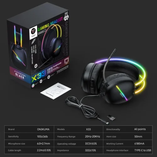 اشتري سماعة Onikuma X33 الجيمنج بمحركات 50mm ومايك عازل للضوضاء وإضاءة LED. السماعة المثالية للألعاب والـ PC والموبايل بأفضل سعر في مصر.