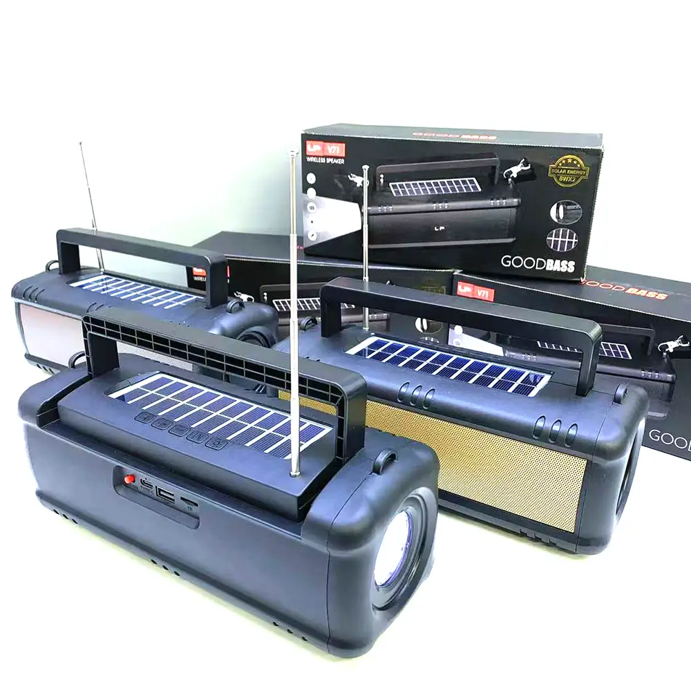 LP-V71 Portable Solar Charging Wireless Torch BT Speaker سماعة بلوتوث محمولة و كشاف إضاءةصب و كشاف قابل للشحن 3 تسوق سماعة LP-V71 البلوتوث المحمولة بقوة 16 واط، مزودة بكشاف LED وراديو FM ولوح شحن شمسي. الصوت الأقوى للرحلات والطوارئ بأفضل سعر.