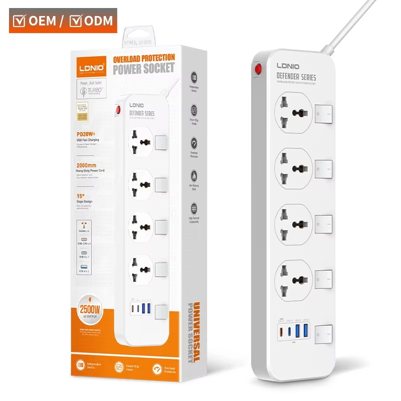 LDNIO SC4408C Extension Power Socket 4AC 2USB+2USB-C Power Strip مشترك كهرباء (4 مقابس تيار متردد + منفذي USB + منفذي USB-C) 1 اشترِ مشترك LDNIO SC4408C بـ 4 منافذ AC و4 منافذ USB شحن سريع 20W. كابل 2 متر ومفاتيح مستقلة وبنية مقاومة للحريق بأفضل سعر في مصر من KCS Store.