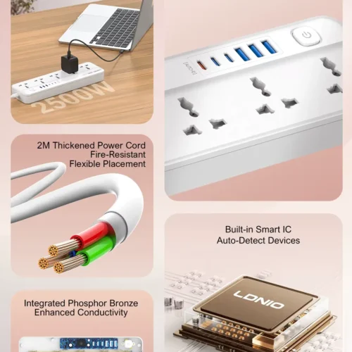 اشتري مشترك كهرباء LDNIO SC5614C بقدرة 2500W و5 منافذ AC و6 منافذ شحن USB/Type-C بكابل 2 متر وخامات مقاومة للحريق. أفضل سعر في مصر مع توصيل سريع.