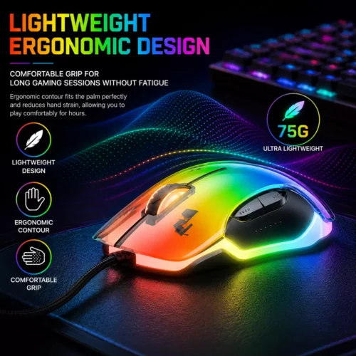 اشتري ماوس Onikuma CW925 الجيمنج الشفاف بسنسور 12800DPI وإضاءة RGB. ماوس برمجة احترافي بـ 1000Hz Polling Rate بأفضل سعر في مصر مع توصيل سريع.