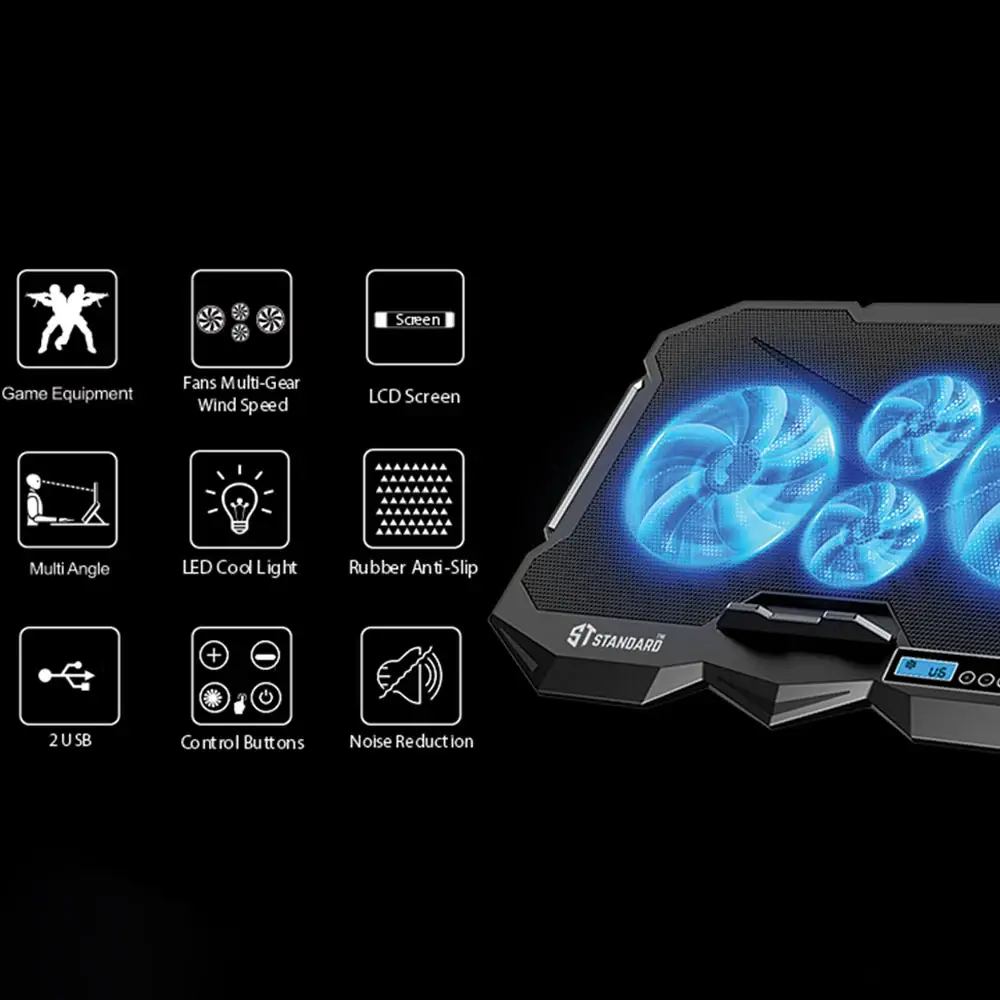 ST Standard ICE-04 Plus LED Super Cooling Custom Gaming Design LCD Display & Quick Control Cooling Pad قاعدة تبريد لابتوب بشاشة لعرض سرعة المراوح و أزرار تحكم فالسرعة 2 اشترِ ST Standard ICE-04 Plus بمصر. قاعدة تبريد لابتوب جيمينج بشاشة LCD، تحكم بالسرعات، 7 مستويات إمالة، وإضاءة LED بأفضل سعر من KCS Store.