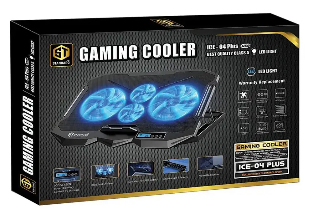 ST Standard ICE-04 Plus LED Super Cooling Custom Gaming Design LCD Display & Quick Control Cooling Pad قاعدة تبريد لابتوب بشاشة لعرض سرعة المراوح و أزرار تحكم فالسرعة 3 اشترِ ST Standard ICE-04 Plus بمصر. قاعدة تبريد لابتوب جيمينج بشاشة LCD، تحكم بالسرعات، 7 مستويات إمالة، وإضاءة LED بأفضل سعر من KCS Store.
