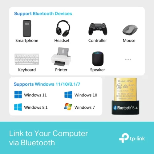 اشترِ دونجل TP-Link UB500 بمصر. تقنية Bluetooth 5.4، توصيل 7 أجهزة، وتصميم Nano مدمج لـ Windows بأفضل سعر من KCS Store.