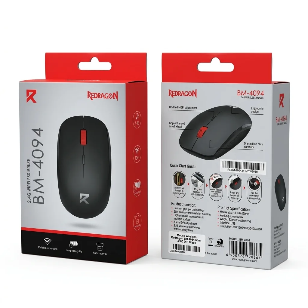 Redragon BM-4094 Wireless Slim Office Silent Clicks 4000 DPI Mouse ماوس سليم ريدراجون بنقرات صامتة و مستشعر ٤٠٠٠ دي بي آي 4 اشتري ماوس Redragon BM-4094 اللاسلكي الصامت بدقة تصل إلى 4000DPI وتصميم Slim خفيف الوزن. الماوس المثالي للعمل المكتبي واللابتوب بأفضل سعر في مصر.