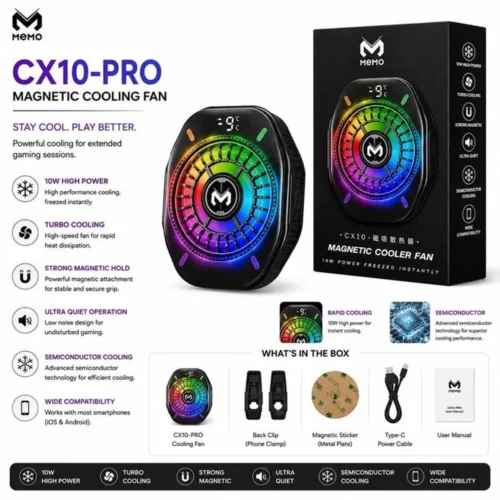 اشتري مبرد هواتف MEMO CX19 بقدرة تبريد جليدية أشباه موصلات وشاشة حرارة وإضاءة RGB وتثبيت مغناطيسي + كليب. أفضل مبرد للجيمينج بسعر ممتاز وتوصيل سريع في مصر.