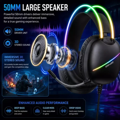 اشتري سماعة Onikuma X33 الجيمنج بمحركات 50mm ومايك عازل للضوضاء وإضاءة LED. السماعة المثالية للألعاب والـ PC والموبايل بأفضل سعر في مصر.