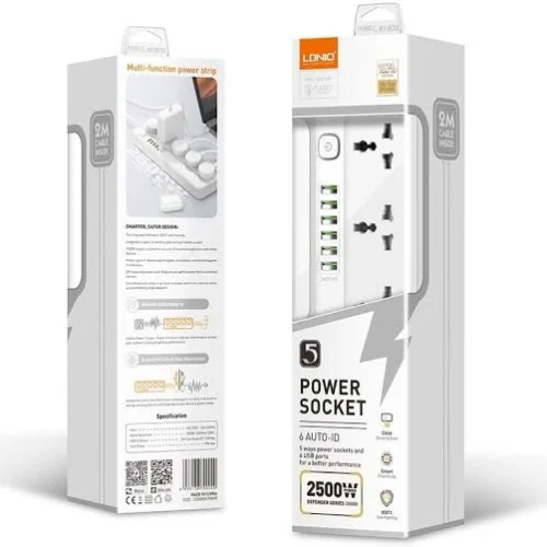 اشتري مشترك كهرباء LDNIO SC5614C بقدرة 2500W و5 منافذ AC و6 منافذ شحن USB/Type-C بكابل 2 متر وخامات مقاومة للحريق. أفضل سعر في مصر مع توصيل سريع.