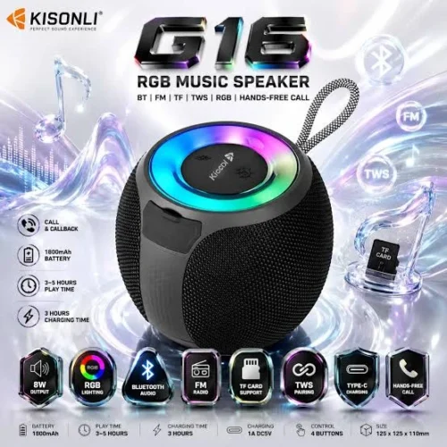 اشترِ سماعة KISONLI G16 RGB بـ 8W بمصر. دعم Bluetooth, FM, TF, TWS وشحن Type-C وبطارية 1800mAh بأفضل سعر من KCS Store