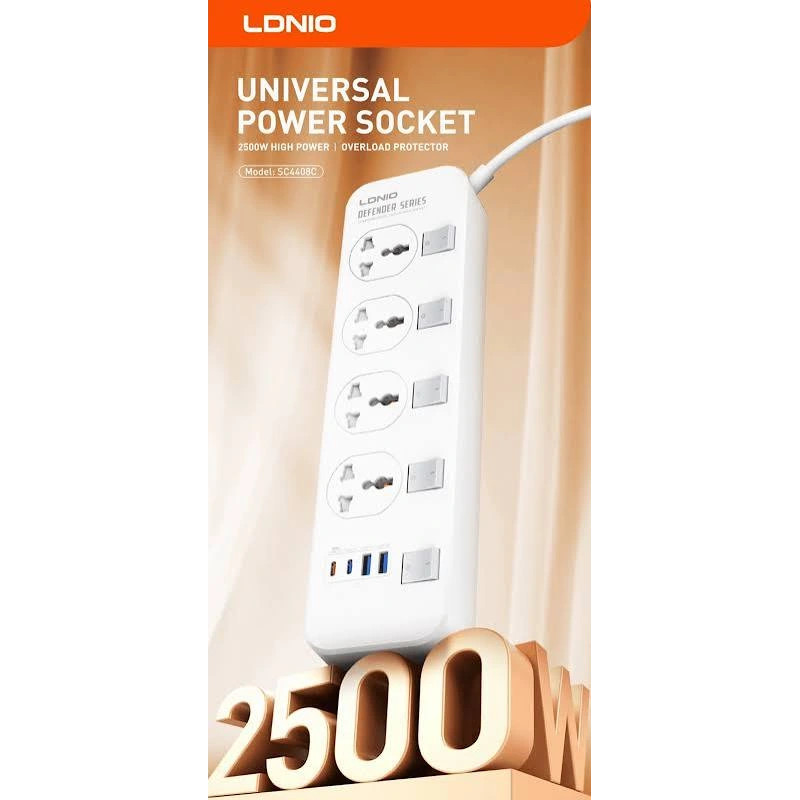 LDNIO SC4408C Extension Power Socket 4AC 2USB+2USB-C Power Strip مشترك كهرباء (4 مقابس تيار متردد + منفذي USB + منفذي USB-C) 7 اشترِ مشترك LDNIO SC4408C بـ 4 منافذ AC و4 منافذ USB شحن سريع 20W. كابل 2 متر ومفاتيح مستقلة وبنية مقاومة للحريق بأفضل سعر في مصر من KCS Store.