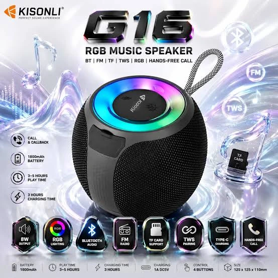 KISONLI G16 RGB Portable Speaker 8W Bluetooth Audio FM TF TWS Hands-Free Call Type-C Charging 1800mAh Battery سماعة بلوتوث محمولة ٨ واط كيسونلي 2 اشترِ سماعة KISONLI G16 RGB بـ 8W بمصر. دعم Bluetooth, FM, TF, TWS وشحن Type-C وبطارية 1800mAh بأفضل سعر من KCS Store