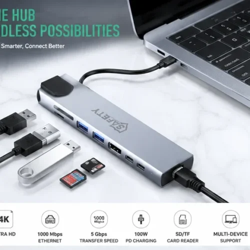 اشتري هب تايب سي Safety TC-81 Multiport Adapter 8-in-1 بمنفذ HDMI 4K وإيثرنت 1000Mbps وشحن 100W PD. خيارك الأفضل للابتوب بأفضل سعر في مصر.