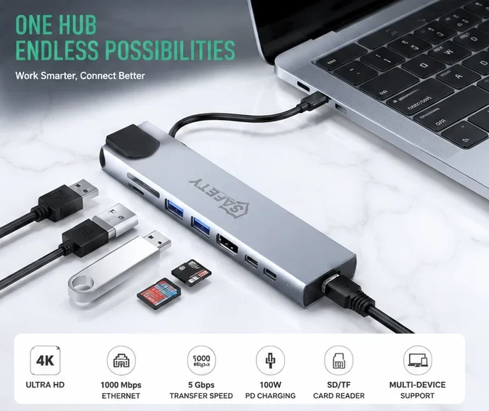 Safety TC-81 Type-C Hub Multiport Adapter 8x1 Hub Type C, USBx2, HDMI, SD, TF, RJ45 موزع تايب سي ٨ في ١/هب تايب سي 4 اشتري هب تايب سي Safety TC-81 Multiport Adapter 8-in-1 بمنفذ HDMI 4K وإيثرنت 1000Mbps وشحن 100W PD. خيارك الأفضل للابتوب بأفضل سعر في مصر.