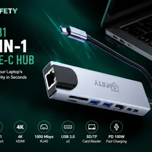 اشتري هب تايب سي Safety TC-81 Multiport Adapter 8-in-1 بمنفذ HDMI 4K وإيثرنت 1000Mbps وشحن 100W PD. خيارك الأفضل للابتوب بأفضل سعر في مصر.