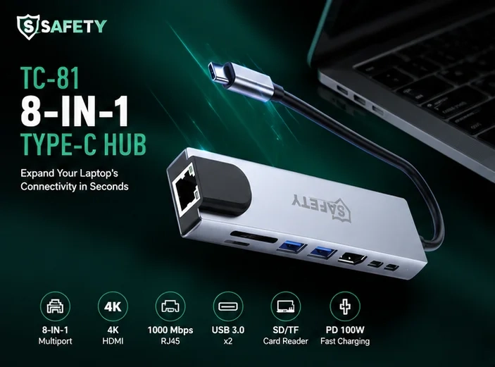 Safety TC-81 Type-C Hub Multiport Adapter 8x1 Hub Type C, USBx2, HDMI, SD, TF, RJ45 موزع تايب سي ٨ في ١/هب تايب سي 5 اشتري هب تايب سي Safety TC-81 Multiport Adapter 8-in-1 بمنفذ HDMI 4K وإيثرنت 1000Mbps وشحن 100W PD. خيارك الأفضل للابتوب بأفضل سعر في مصر.