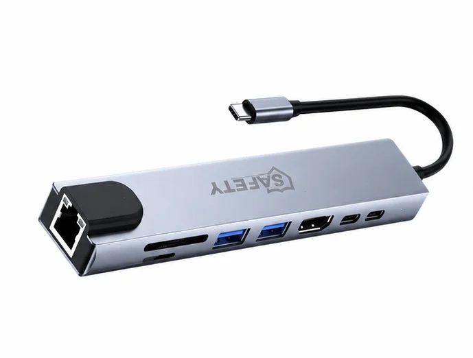 Safety TC-81 Type-C Hub Multiport Adapter 8x1 Hub Type C, USBx2, HDMI, SD, TF, RJ45 موزع تايب سي ٨ في ١/هب تايب سي 1 اشتري هب تايب سي Safety TC-81 Multiport Adapter 8-in-1 بمنفذ HDMI 4K وإيثرنت 1000Mbps وشحن 100W PD. خيارك الأفضل للابتوب بأفضل سعر في مصر.