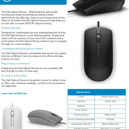 اشتري ماوس ديل السلكي الأصلي Dell MS116 المزود برقم متسلسل بالسوق المصري. دقة 1000DPI، عمر افتراضي طويل، وتصميم مريح للشركات والمكاتب والأجهزة المنزلية.