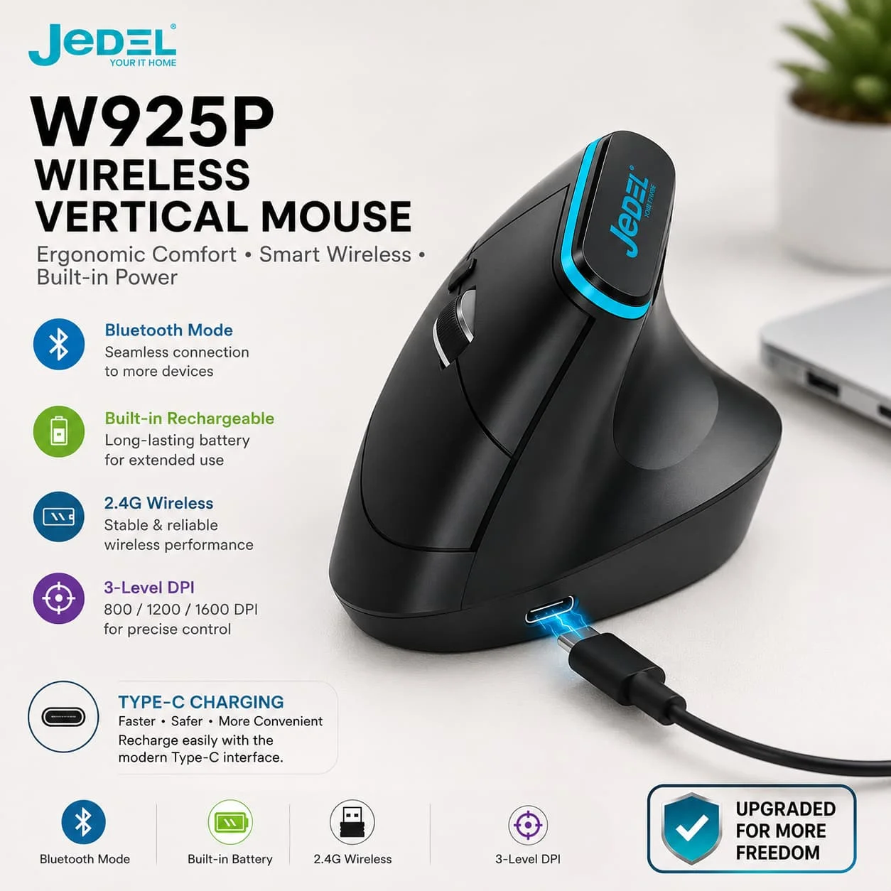 JeDEL W925P Vertical Wireless Dual Mode Wireless Bluetooth 4800 DPI Silent Clicks Recharchable Mouse ماوس وايرلس رأسي قابل للشحن بمستشعر دقة ٤٨٠٠ دي بي آي 8 اشتري ماوس Jedel W925P المريح لليد (Vertical Mouse) بالتوصيل المزدوج (بلوتوث + وايرلس) ودقة تصل إلى 4800DPI. بطارية قابلة للشحن بحجم Type-C وضغطات صامتة. احصل عليه بأفضل سعر في مصر!
