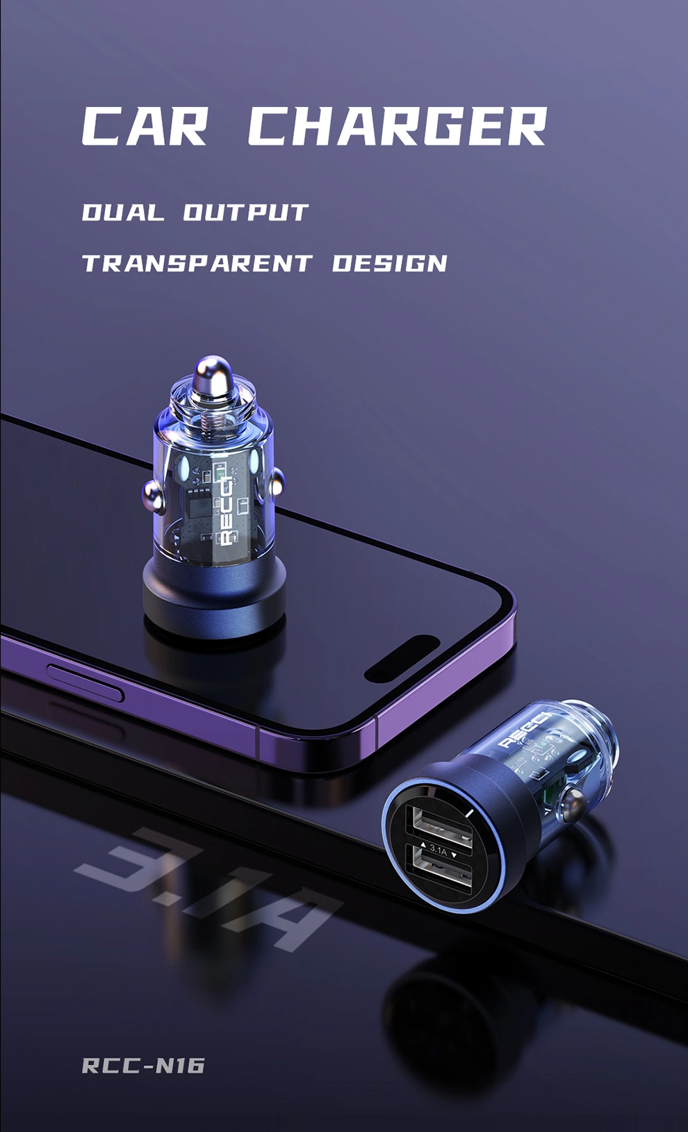 RECCI RCC-N16 15.5W DUAL PORTS TRANSPARENT CAR CHARGER شاحن موبايل للسيارة متعدد المنافذ بتصميم شفاف 4 اشتري شاحن سيارة شفاف Recci RCC-N16 بقدرة 15.5W ومخرجين USB لشحن هاتفين في وقت واحد بشحن سريع وآمن بأفضل سعر وتوصيل سريع في مصر.