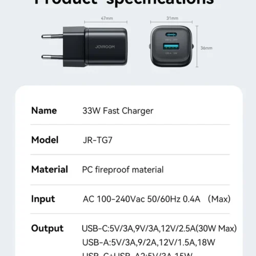 اشتري شاحن جويروم Joyroom JR-TG7 بقدرة 33 واط بمنفذين شحن سريع ومرفق معه كابل تايب سي 60 واط. حماية ذكية وسرعة فائقة لموبايلك بأفضل سعر في مصر!