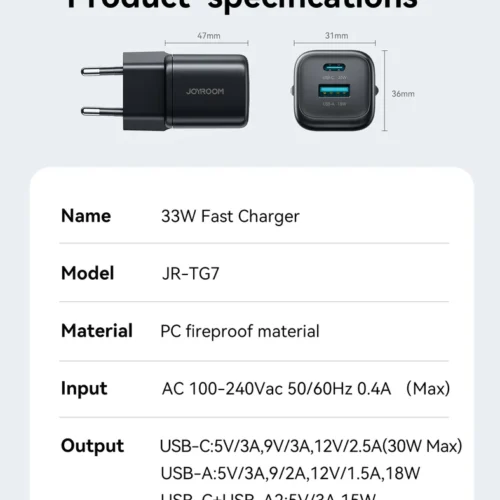 اشتري شاحن Joyroom JR-TG7 بقدرة 33W ومنفذين PD+QC3.0 مع كابل C to Lightning 1m. شحن سريع وأمان كامل لأجهزة الآيفون والأندرويد بأفضل سعر في مصر.