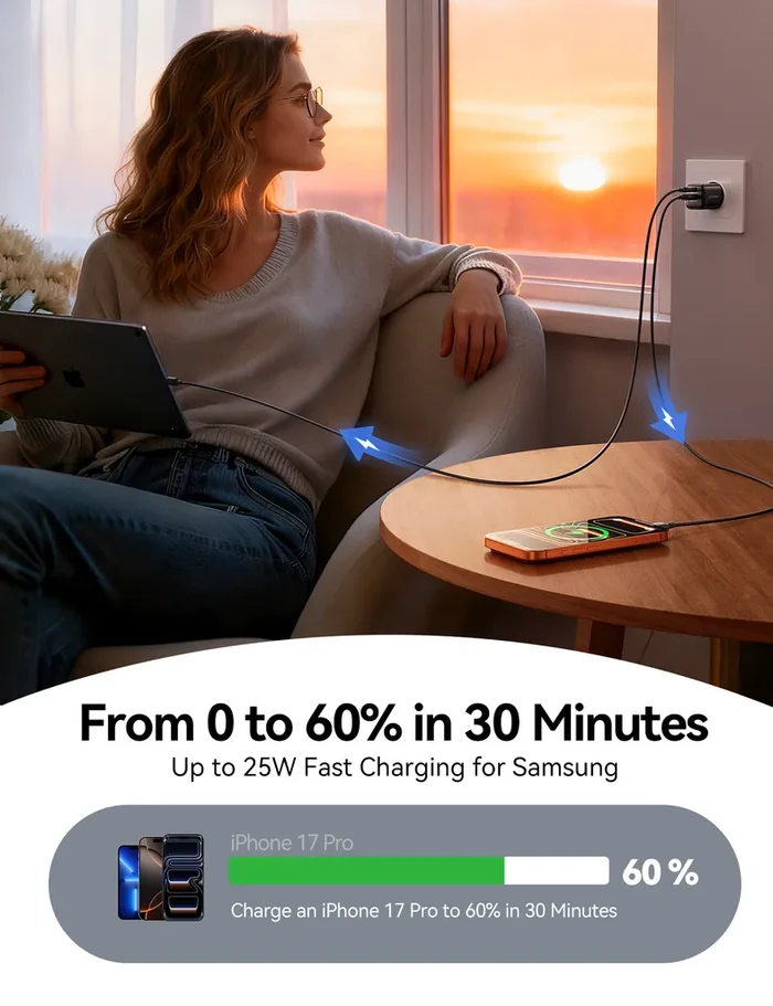 Joyroom JR-TG7 33W Dual-Port Fast Wall Charger with A9 USB-C to USB-C 60W 1m Cable شاحن موبايل بقدرة ٣٣ واط و كابل شحن تايب سي هدية بقدرة ٦٠ واط 6 اشتري شاحن جويروم Joyroom JR-TG7 بقدرة 33 واط بمنفذين شحن سريع ومرفق معه كابل تايب سي 60 واط. حماية ذكية وسرعة فائقة لموبايلك بأفضل سعر في مصر!