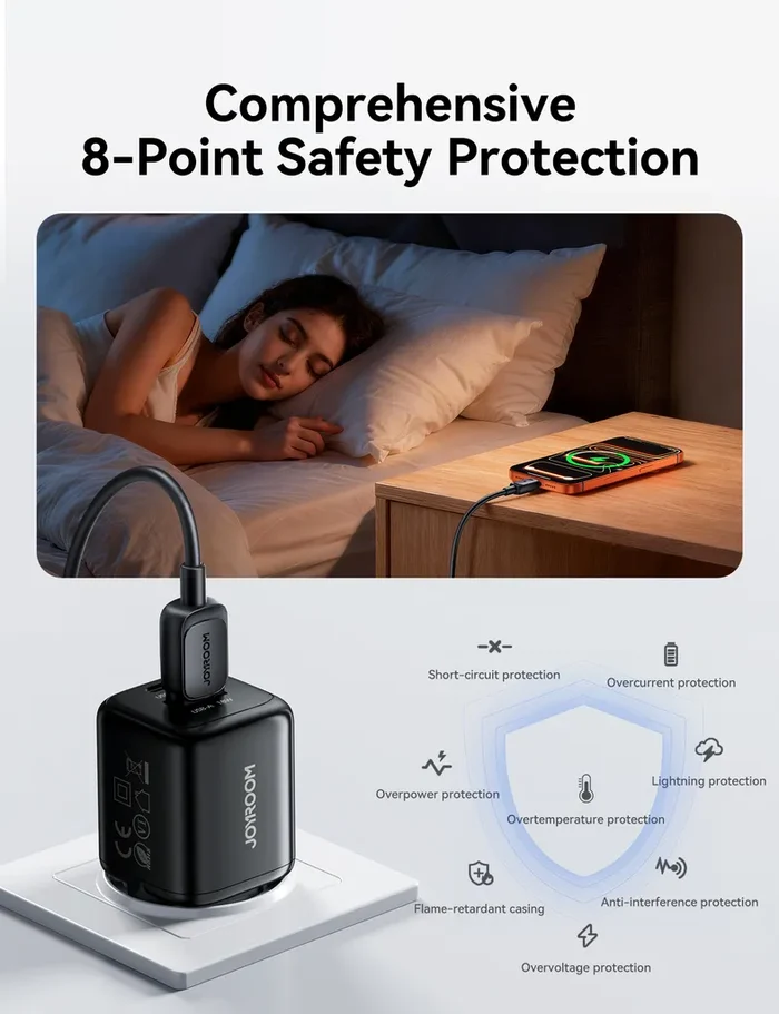Joyroom JR-TG7 33W Dual-Port Fast Wall Charger with A9 USB-C to USB-C 60W 1m Cable شاحن موبايل بقدرة ٣٣ واط و كابل شحن تايب سي هدية بقدرة ٦٠ واط 8 اشتري شاحن جويروم Joyroom JR-TG7 بقدرة 33 واط بمنفذين شحن سريع ومرفق معه كابل تايب سي 60 واط. حماية ذكية وسرعة فائقة لموبايلك بأفضل سعر في مصر!