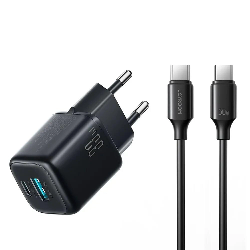 Joyroom JR-TG7 33W Dual-Port Fast Wall Charger with A9 USB-C to USB-C 60W 1m Cable شاحن موبايل بقدرة ٣٣ واط و كابل شحن تايب سي هدية بقدرة ٦٠ واط 1 اشتري شاحن جويروم Joyroom JR-TG7 33w بقدرة 33 واط بمنفذين شحن سريع ومرفق معه كابل تايب سي 60 واط. حماية ذكية وسرعة فائقة لموبايلك بأفضل سعر في مصر!