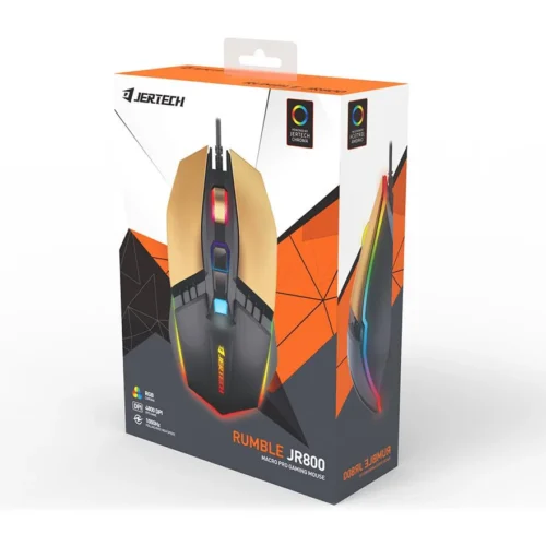 اشتري ماوس جيمنج سلكي JERTECH JR800 Rumble في مصر. قاعدة معدنية متينة، إضاءة RGB Chroma، معدل استجابة Polling Rate حتى 1000Hz، ودعم ماكرو للألعاب.
