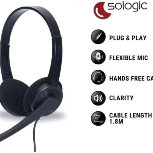 اشتري سماعة Sologic الاحترافية بمدخل 3.5mm كابل 1.8 متر وميكروفون معزول للضوضاء. تصميم خفيف الوزن ومريح جداً للاجتماعات ومكالمات الكول سنتر بأفضل سعر في مصر!