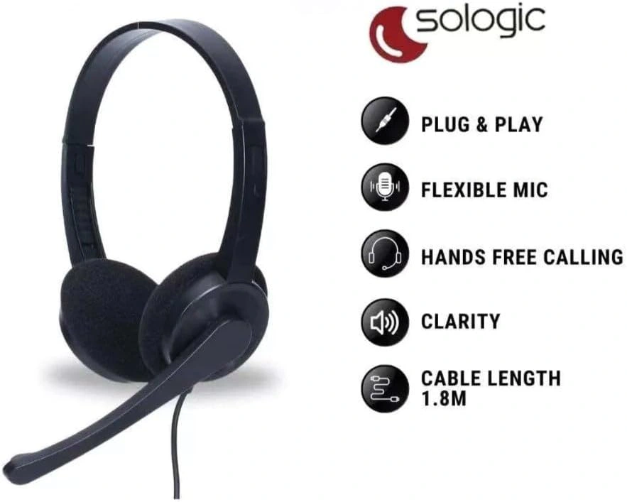 Sologic 3.5mm Jack Over-Ear Noise Cancelling Mic 1.8m Long Cable Headset Perfect For Office Calls سماعة هيدفون إحترافيه بمايك مدمج بخاصية عزل ضوضاء مناسبة لأعمال المكاتب و الإتصالات 4 اشتري سماعة Sologic الاحترافية بمدخل 3.5mm كابل 1.8 متر وميكروفون معزول للضوضاء. تصميم خفيف الوزن ومريح جداً للاجتماعات ومكالمات الكول سنتر بأفضل سعر في مصر!